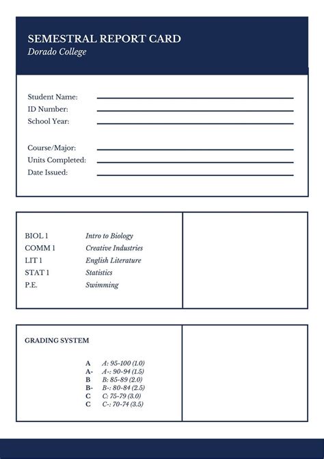 blue simple semestral college report card templatescanva  college