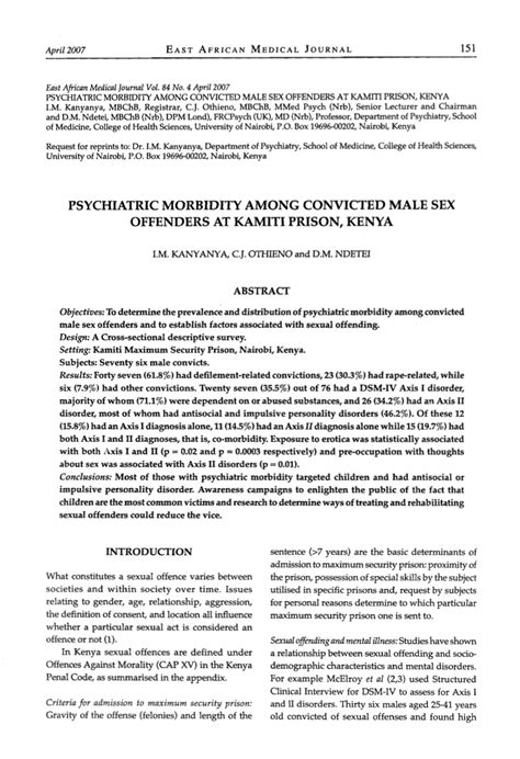 Pdf Psychiatric Morbidity Among Convicted Male Sex Offenders At