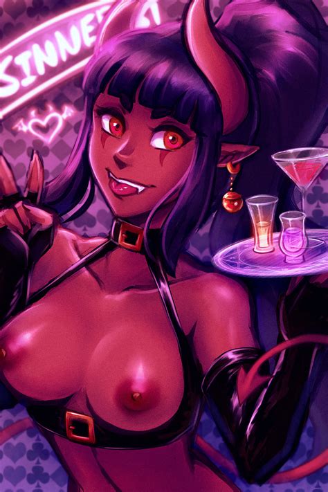 Rule 34 Breasts Buckles Cocktail Demon Girl Gesture Horns Iahfy Red