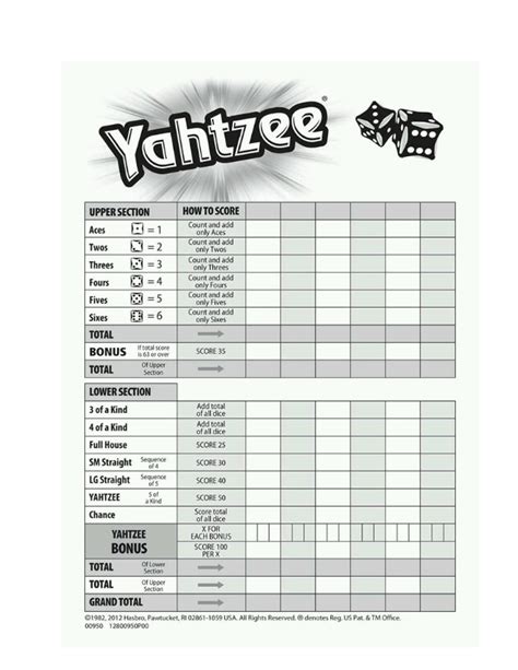 printable sheet yahtzee score card images   finder