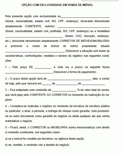 Referência Para Um Termo De Exclusividade Entre Cliente E Corretor