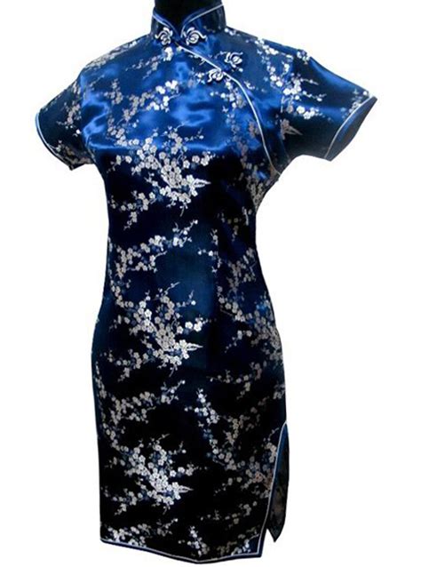navy blue chinese traditional women dress mandarin collar satin qipao
