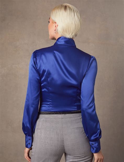 women s blue fitted luxury satin blouse pussy bow hawes and curtis