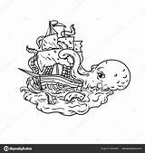 Kraken Attacking Sailing Tentacles Cephalopod Tumultuous Patrimonio sketch template