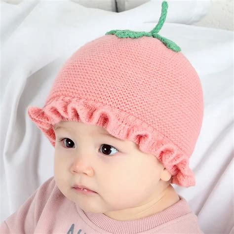 cute strawberry baby girl hat knit soft baby bonnet warm winter hats