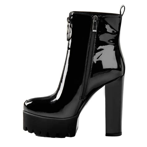 toe black patent leather platform chunky high heel ankle boots onlymaker