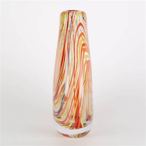Murano 1960s Art Glass Vase With Swirls Of Orange Red