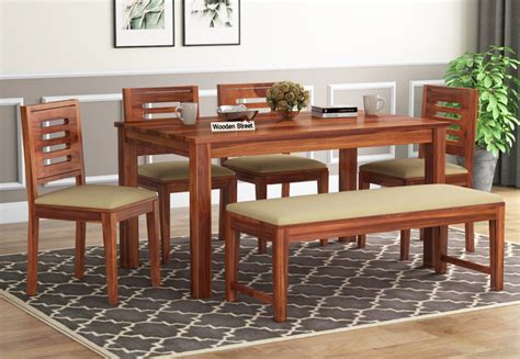 janet  seater dining table set  bench honey finish wooden