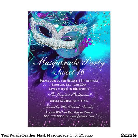 Teal Purple Feather Mask Masquerade Invitation Purple Birthday Party