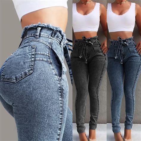 high waist jeans women streetwear bandage denim  size jeans femme pencil pants skinny jeans