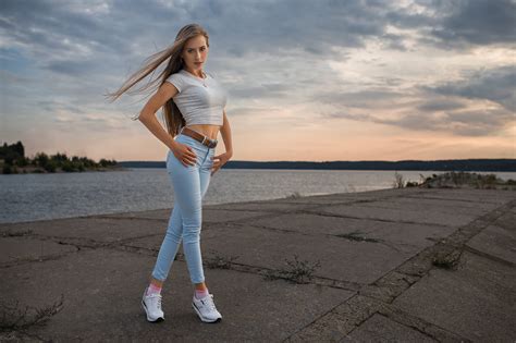 Wallpaper Women Outdoors Jeans Legs Crossed Long Hair Short Tops