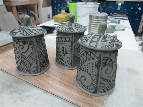 creative  clay pottery  charan sachar handbuilt lidded jars mugs