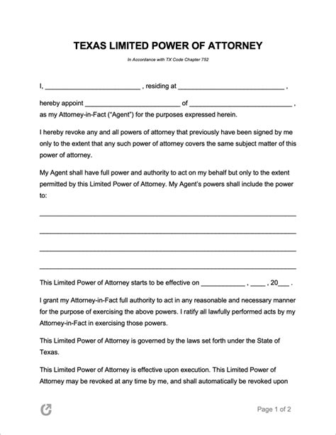 texas limited special power  attorney form  word