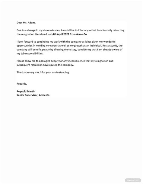 resignation retraction letter template   google docs word hot