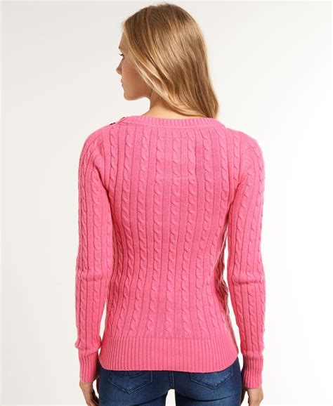 womens croyde cable crew neck jumper in pink superdry