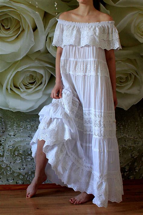 off shoulder boho wedding dress maxi white linen lace gown