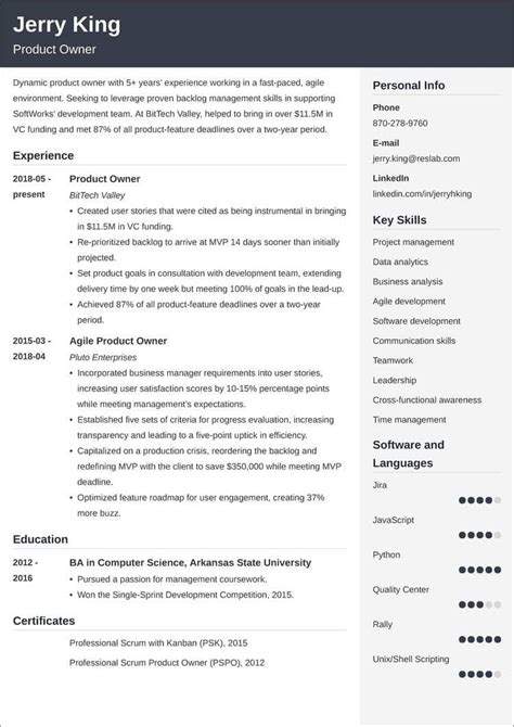 product owner resume template examples skills