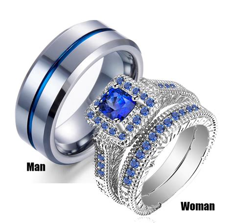 his and hers couples ring sets womens white gold filled blue stone cz