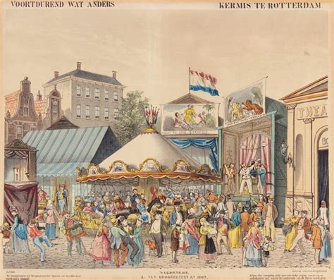 kermis rotterdam antieke lithografie oude prent de eeuw