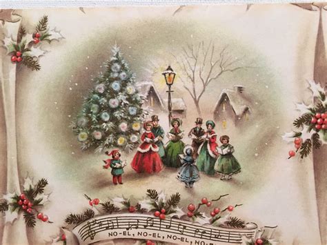 vintage christmas card carolers dickens theme glitter noel unused