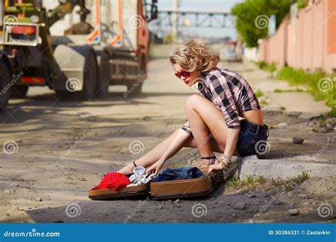 Blonde Girl Hitchhiker Stock Image Image Of Journey 30386331