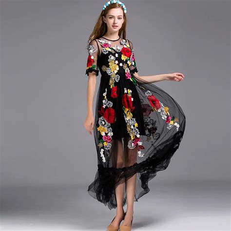 summer dress women runway vestidos floral embroidery dresses bohemian transparent tutu tulle