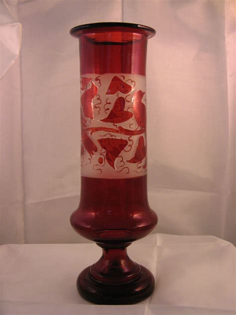 Bohemian Art Glass Vase Ruby Red Cut To Clear Etched Bird And Heart