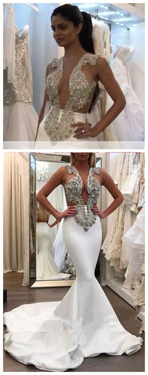 Sexy Beaded Mermaid Wedding Dresses Satin Backless Wedding Gown With