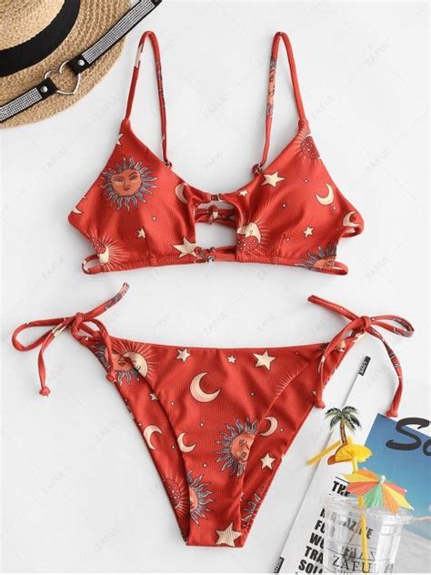 [34 Off] 2021 Zaful Star Moon Sun Print Cutout Ribbed String Bikini