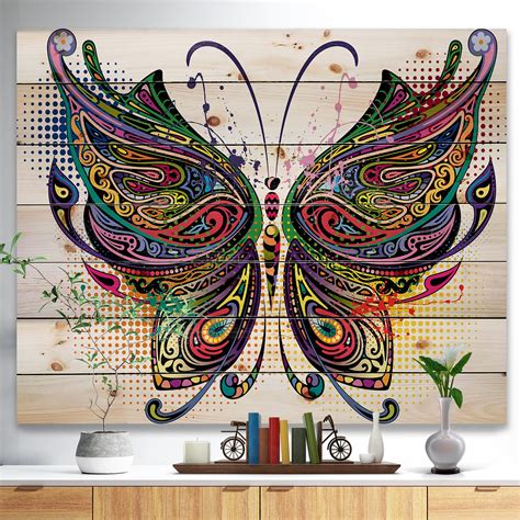 design art designart variegated butterfly abstract print  natural pine wood multi color