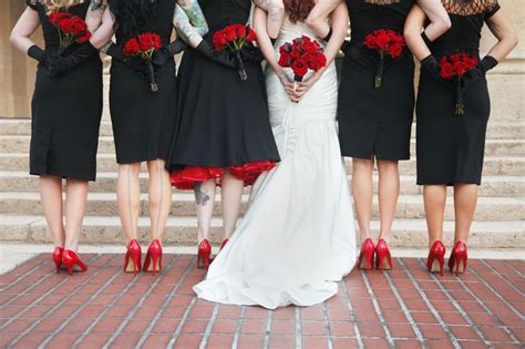 bridal party black bridesmaid dresses red shoes red rose wedding bouquet st pete museum