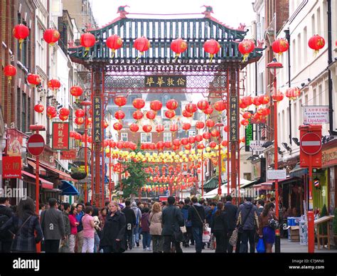 A View Along Gerrard Street In London S Chinatown Decorated With Red