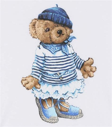 drawing   teddy bear wearing  blue hat  striped shirt  ruffles
