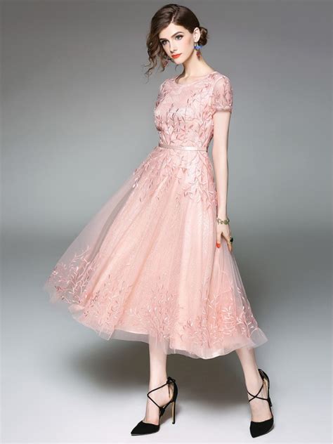 Pink Lace Overlay Embroidered Midi Dress Midilady