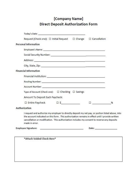 direct deposit authorization request form template word editable