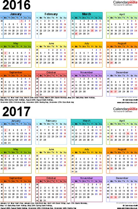 two year calendars for 2016 and 2017 uk for excel