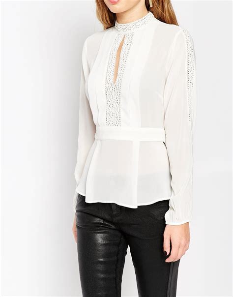 asos keyhole blouse  lace inserts  white lyst