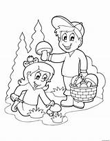 Coloring Mushrooms Foraging Boy Girl Fall Pages Printable sketch template