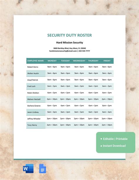 duty roster template   word google docs excel  google sheets