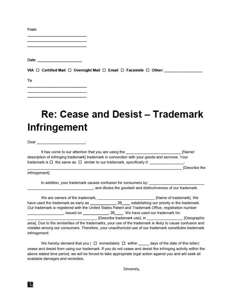 trademark infringement cease  desist letter template  word