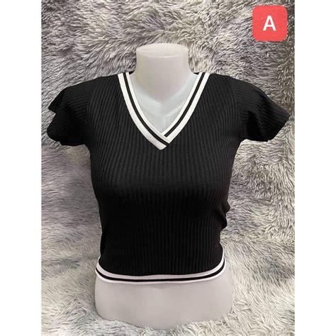 Korean Cotton Knitted V Neck Ringer Garter Crop Top Shirt Xs To Med