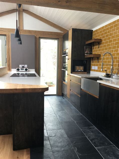contemporary kitchen fusing wood  slate slate tile floor kitchen