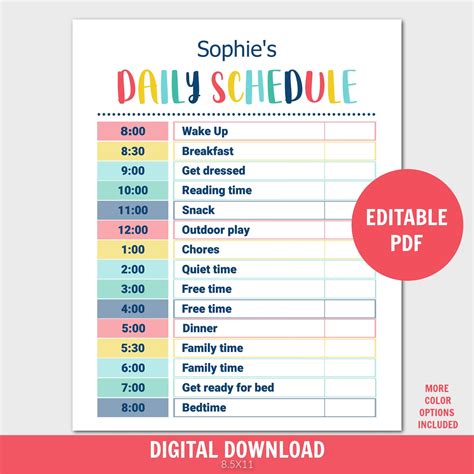 daily schedule template editable  chore chart uk