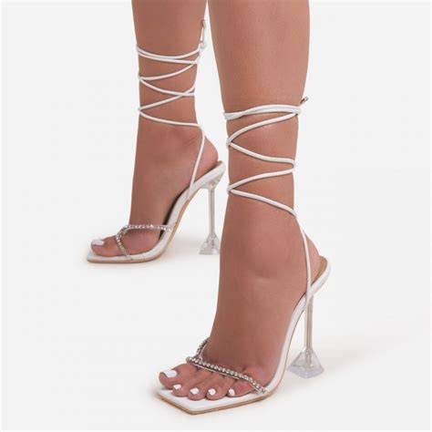 romantic diamante detail lace  square toe clear perspex sculptured heel  white faux leather