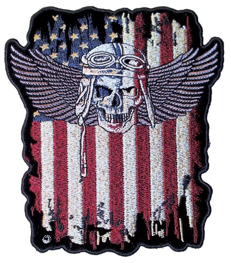 patriotic american flag fighter pilot skull  wings biker patch