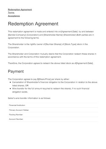 stock redemption agreement template  sample cocosign