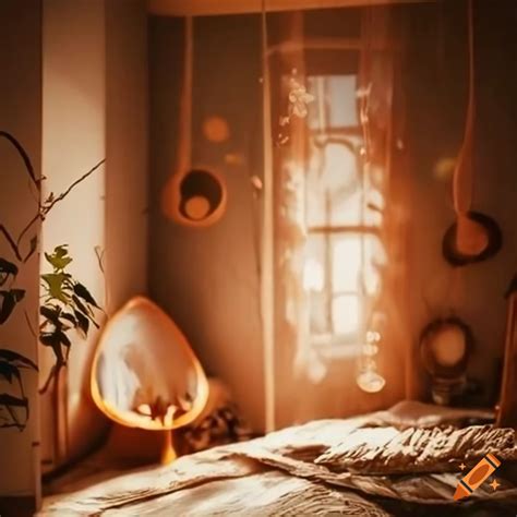 boho style bedroom  detailed decor  bright light