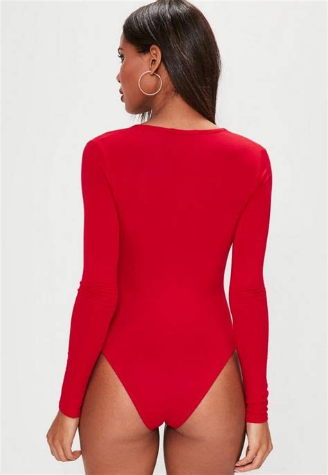 red long sleeve v neck bodysuit missguided