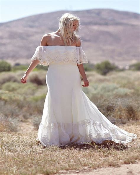 Hot Sale Off The Shoulder Lace Chiffon Boho Wedding Dress Bohemian