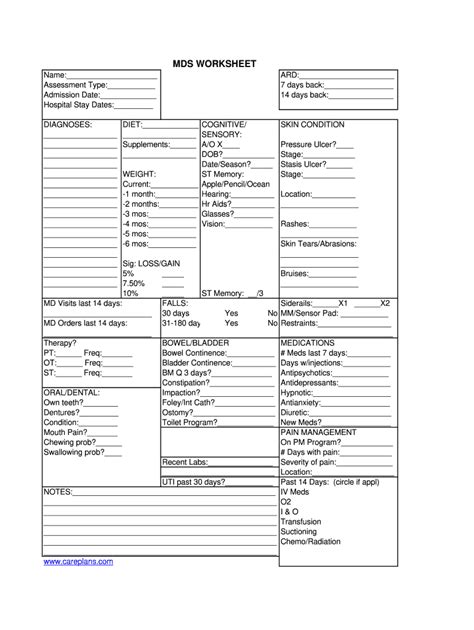 mds assessment cheat sheet fill  printable fillable blank